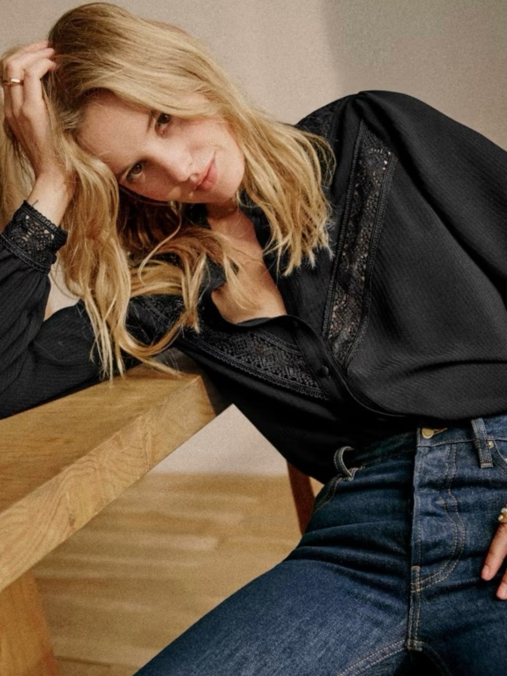 Sezane Black Lace-Trim Buttoned Blouse